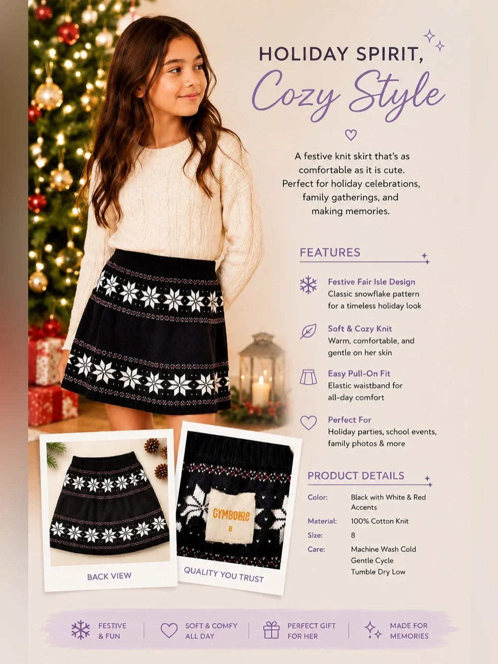 Gymboree Black Fair Isle Knit Skirt with White & Red Accents